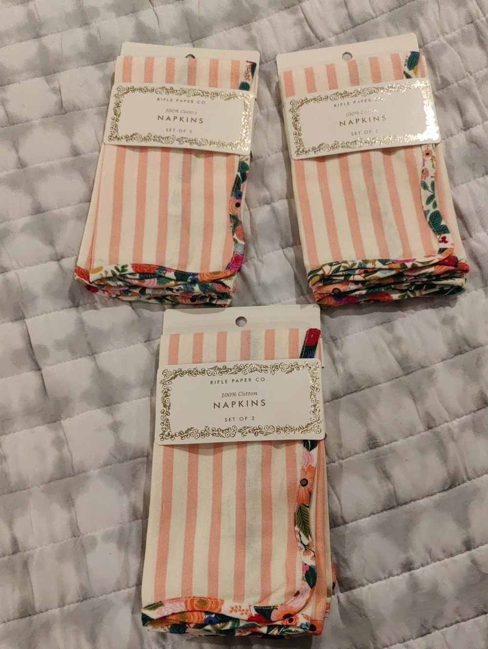 New!Set Of 6 Rifle Paper Co. Pink Rose Stripe Cotton Napkins Cottagecore Retro